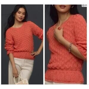 Anthropologie Flounce Hem Pointelle Coral Pullover Sweater XS